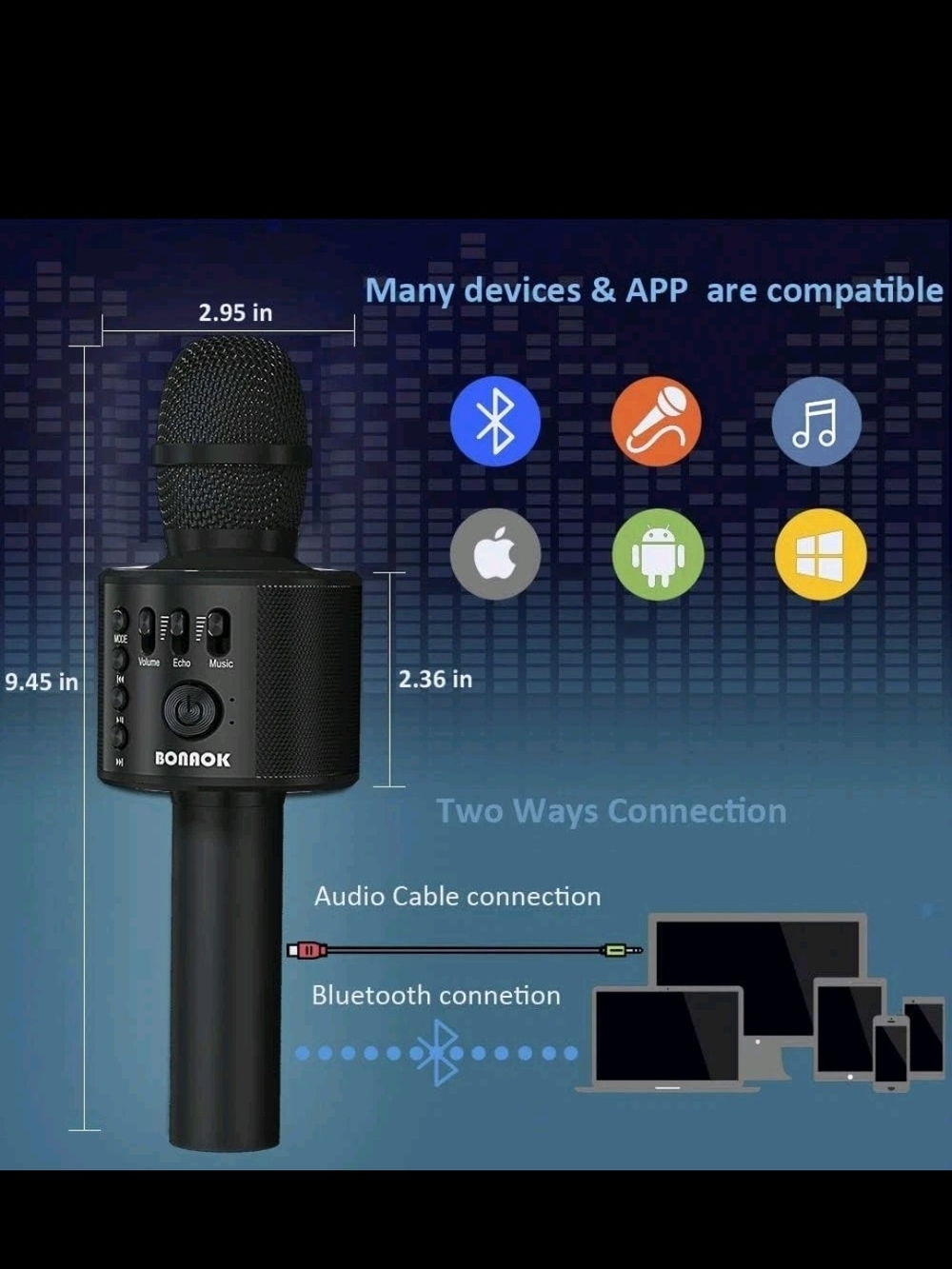 Black Wireless Bluetooth Karaoke Microphone with Built-in Speaker - Picture 3 of 9